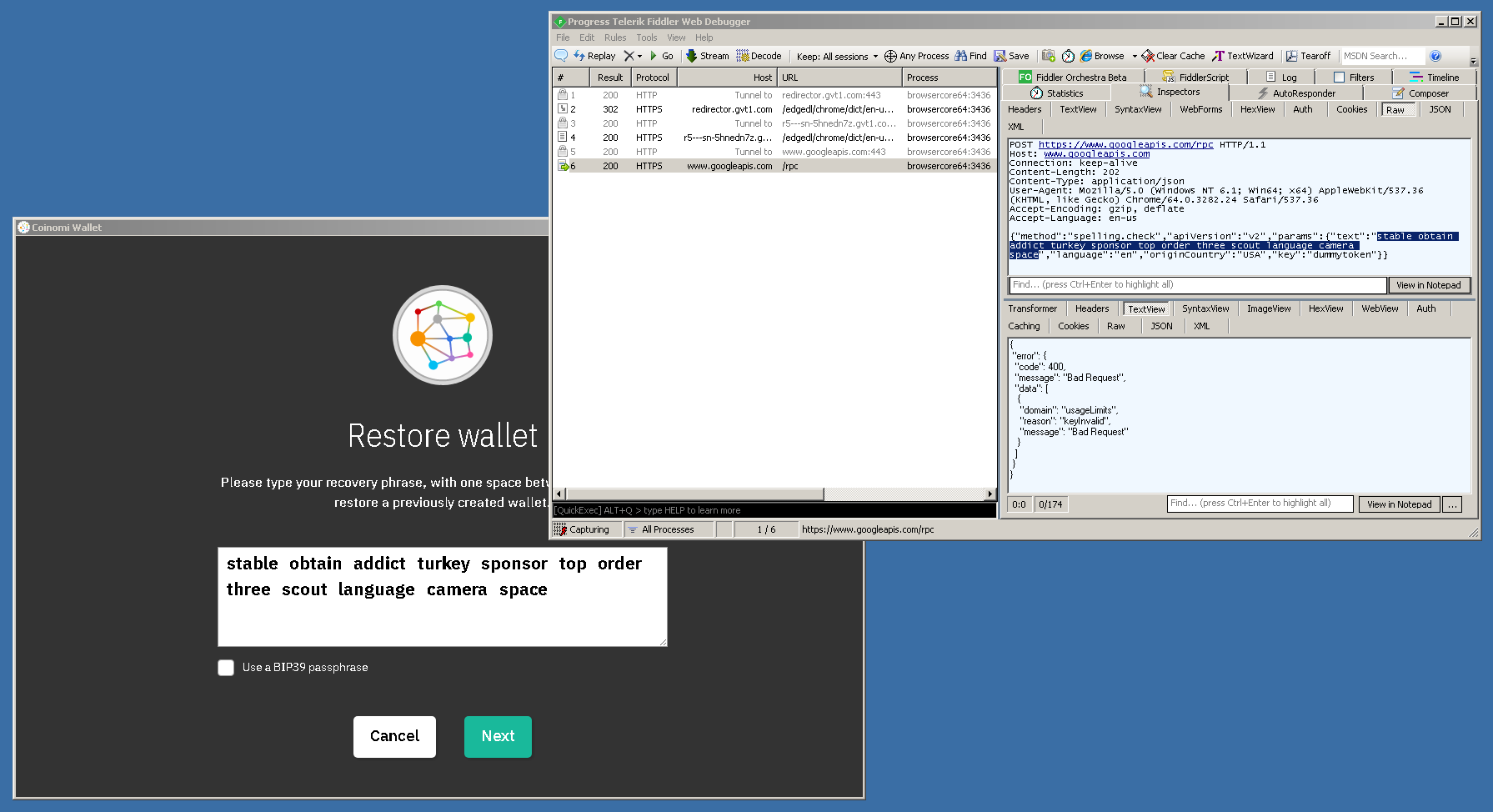 Screenshot showing passphrase sent to Google API